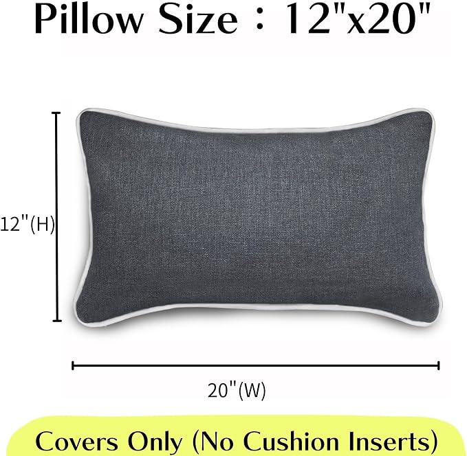 HER HWA Outdoor Lumbar Pillow Covers 20"x12" Set of 2, Carbon Gray | durable fade-resistant water-resistant 100% polyester white piping smooth zipper machine washable for indoor outdoor décor