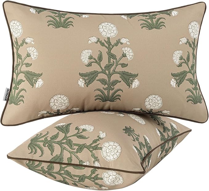 MIULEE Floral Outdoor Lumbar Pillow Covers with Inserts 12x20 Brown | Set of 2 Waterproof Decorative Throw Pillows with Piping,Vintage Fade Resistant, Patio Furniture Summer Garden Couch Sofa