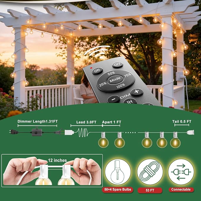 Outdoor-String-Lights with Remote 53FT Waterproof lights for Outside Patio | 12 inch Bulbs Apart,White Cord String Lights,Connectable Dimmable Patio Lights with Remote,Timer,3 Modes for Backyard, Bistro