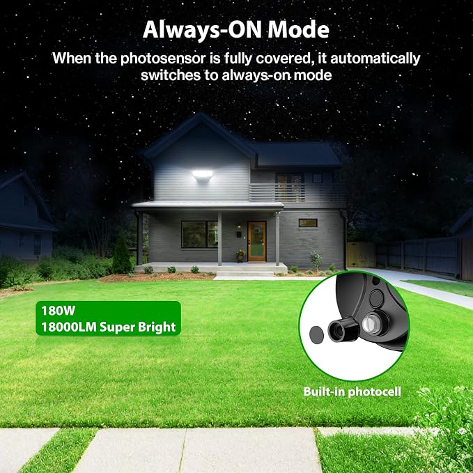 iMaihom 180W Dusk to Dawn Flood Lights Outdoor, 18000LM 6500K Super Bright LED Security Lights, IP65 Waterproof Exterior Light with Photocell, Hardwired Outdoor Lighting for Yard, Garden, Garage Black