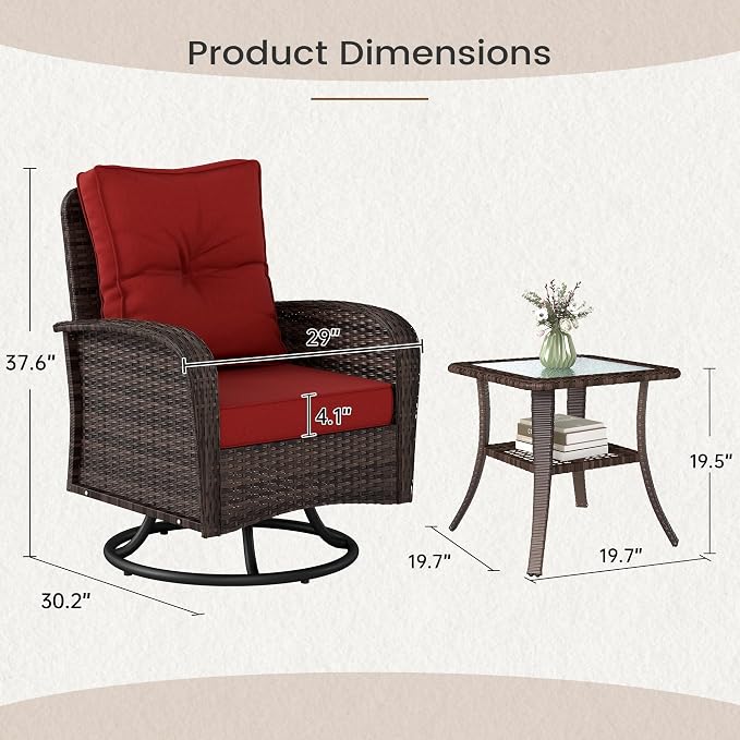 Kromax Outdoor Patio Furniture Set, All-Weather Wicker Swivel Glider Chairs Set of 2 with Coffee Table Table & Thick Machine Washable Cushions for Backyard, Garden, Porch, Brown/Red