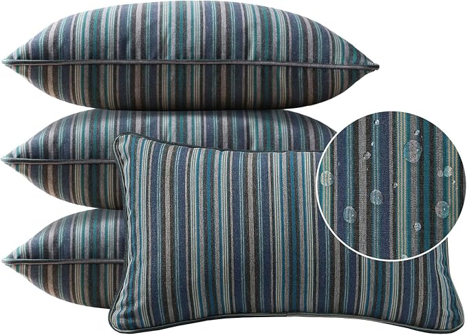 Unimatta Sunbrella Decorative Outdoor Water Repellent Throw Pillows with Inserts, Set of 4, 20" x12" Pillows for Patio, Backyard, Bed, Couch, and Patio Furniture, Troupe Dock