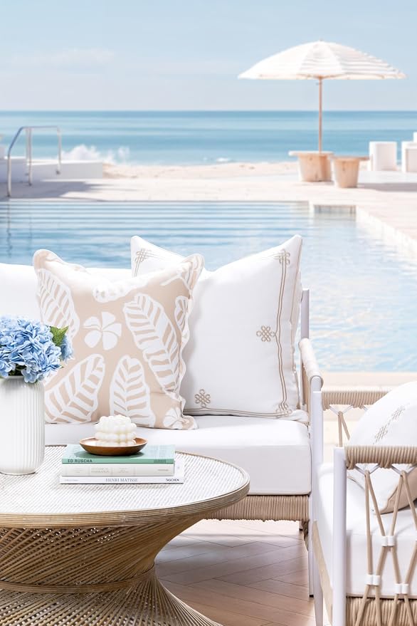 Hofdeco Premium Coastal Hampton Patio Indoor Outdoor Throw Pillow Cover Only, 20"x20" Water Repellent for Backyard, Couch, Poolside, Sand Beige Print Palm Leaves and Hisbucs Flowers