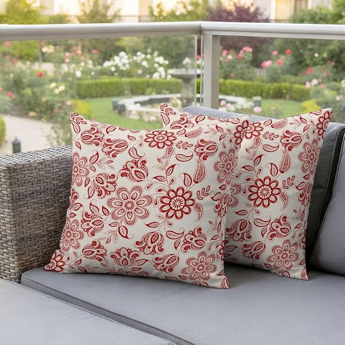 Abstract Paisley Pattern Outdoor Pillow Covers Set of 2 Retro Ethnic Red Flower Waterproof Throw Pillow Cover Decorative Cushion Cases for Patio Porch Garden 24X24 Inch