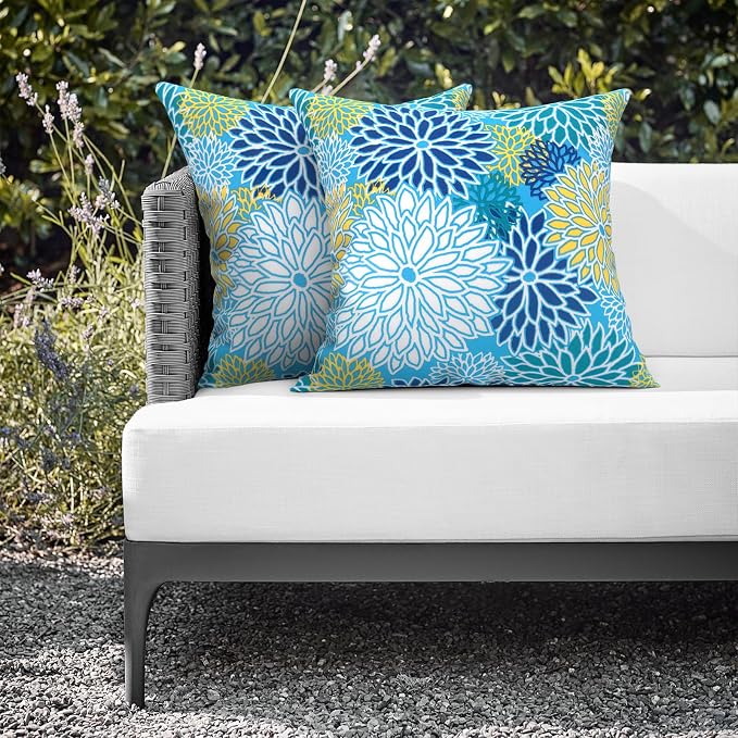 Outdoor Throw Pillows 16x16 Inch, Water Repellent Patio Pillows with Inners Set of 2 for Patio Furniture Home Garden, Dahlia Blue