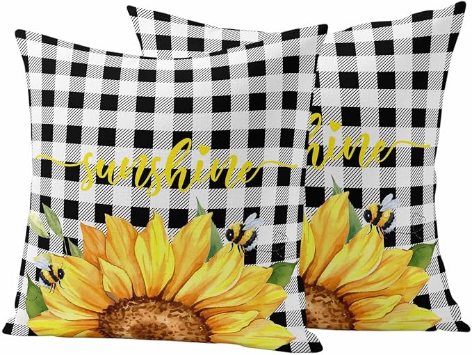 Farm Outdoor Pillow Covers Set of 2,Watercolor Sunflowers Honeybee Decorative Waterproof Throw Pillowcase Yellow Flower Black White Plaid Cotton Linen Soft Cozy Cushion Cover Pillowsham 18x18In