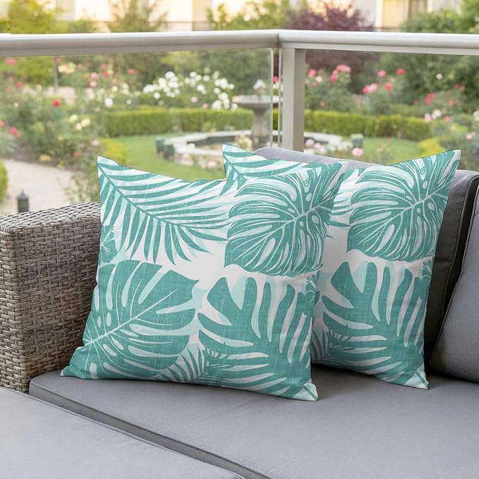 Aqua Teal Palm Leaves Outdoor Pillow Covers 26"x26" Set of 2, Tropical Botanical Minimalist Modern Waterproof Throw Pillow Covers for Patio Furniture, Decorative Cushion Covers for Porch
