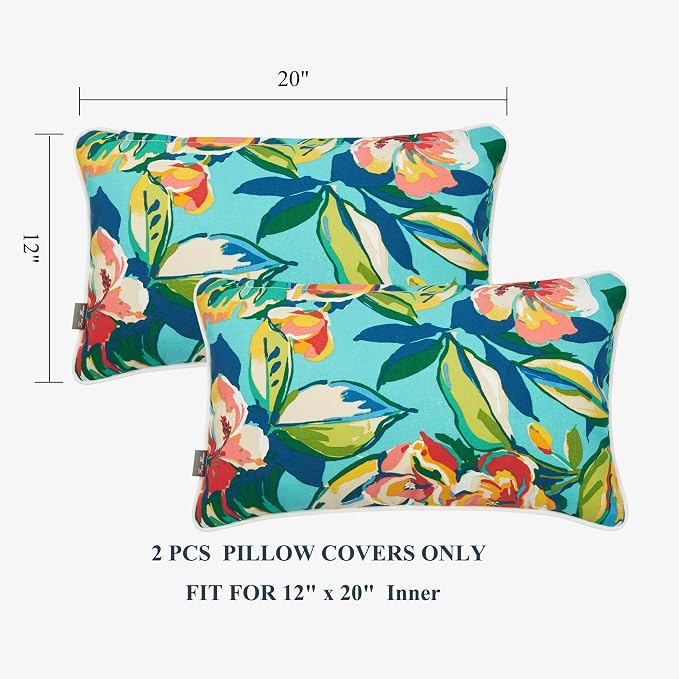 Outdoor Lumbar Pillow Covers 12X20 Inch, No Insert-Rosario Flower Leaf | Patio Lumbar Cases Pack of 2, Water-Repellent, Throw Pillowcase for Couch Garden Furniture