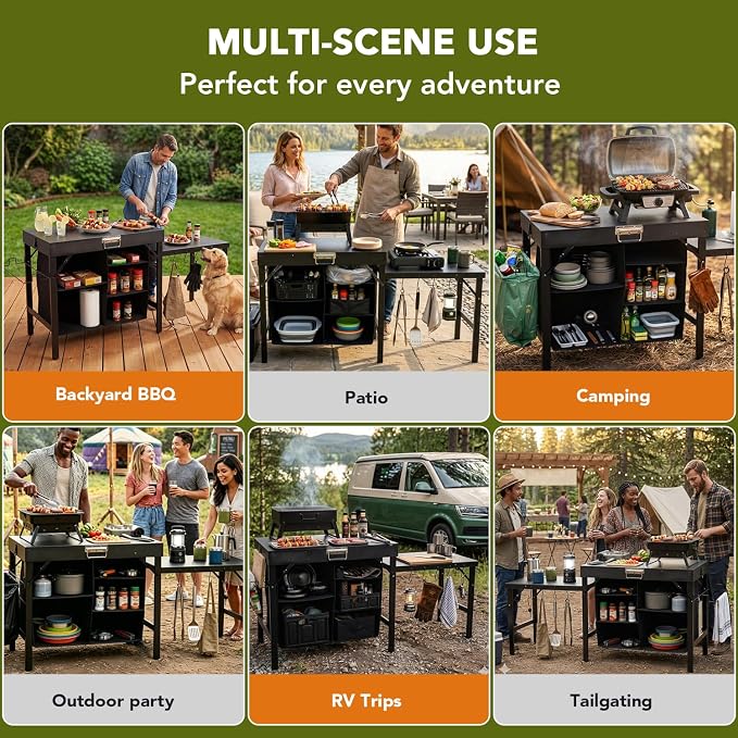Grill Table Compatible with Blackstone Griddles, Portable Foldable Griddle Stand with Storage Shelf, Heavy Duty Camping Kitchen Table for Outdoor Cooking, BBQ, Camping and Patio, Black