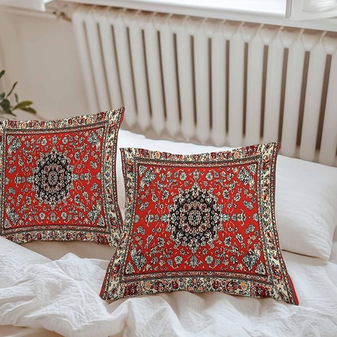 Vandarllin Outdoor Throw Pillows Covers 26x26 inch Set of 2 Waterproof Red Bohemian Decorative Zippered Cushion Covers for Patio Furniture, Boho Tribe Texture Lumbar Pillowcases