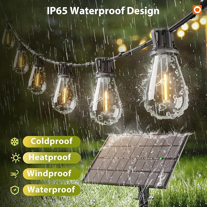 addlon 102FT(96FT+6) Solar String Lights Outdoor Waterproof with USB Port & Remote Control Solar Patio Lights for Outside Solar Powered with 52 LED Dimmable Bulbs for Porch Garden Deck Halloween | Waterproof, Shatterproof, Spaced 2FT, USB Charging, Rem...