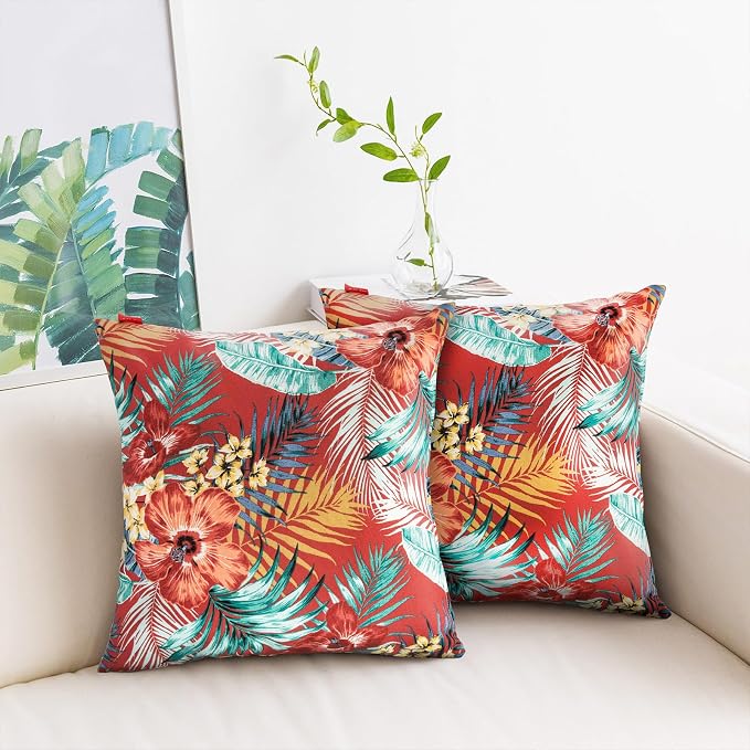 Throw Pillow Covers Set of 2, Outdoor Indoor Waterproof Decorative Patio Throw Pillowcase Shell 18x18 Inch, Square Cushion Case for Couch Sofa Garden Farmhouse Decoration-Chili Red Floral