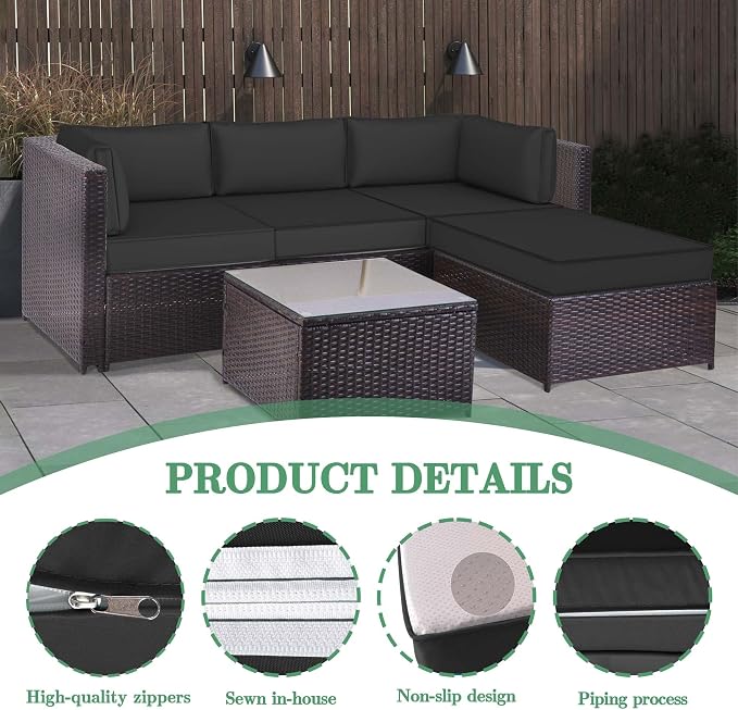 9pc Waterproof Outdoor Couch Cushions for 4 Seat Patio Black | Water-resistant, UV-resistant,9pc High-Density Foam Replacement Cushions for 4-Seat Outdoor Sectional Furniture