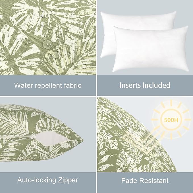 LVTXIII Set of 2 Patio Lumbar Pillows, 12" x 20" Fade Resistant Outdoor Lumbar Pillow with Inners, Fluffy Decorative Garden Lumbar Cushions for Home Patio Coach Sofa Use, Tropical Leaf Green
