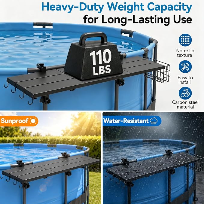 Pool Bar for Above Ground Pools, 49.2×9.6" Poolside Table Holds 110LBS, Adjustable Foldable Swim-Up Bar Fits Top Rails 3.94" or Less, Weather Resistant, for Outdoor & Balcony