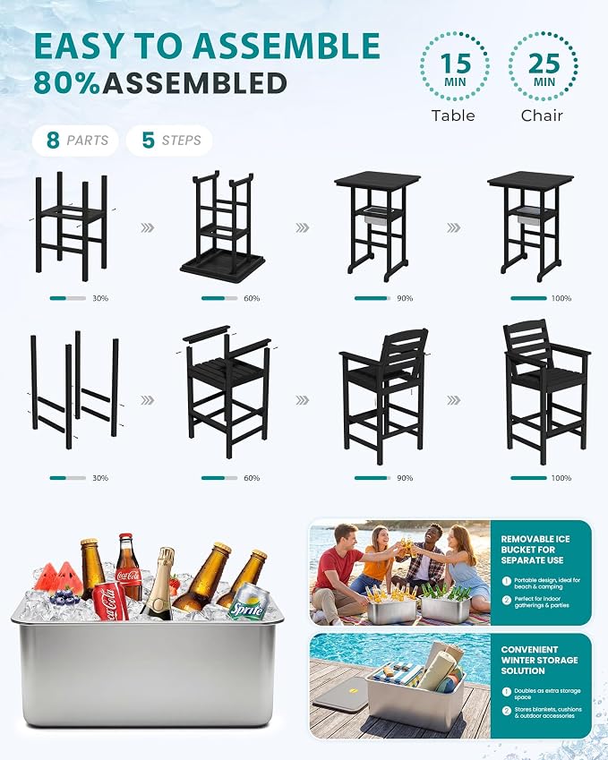SERWALL Adirondack Bar Chairs and Table 3 Pieces Set with Umbrella, HDPE Bar Height Chairs Set of 2 and Bar Table with Ice Bucket, Outdoor Bar Stools Set for Balcony, Poolside, Backyard, Black