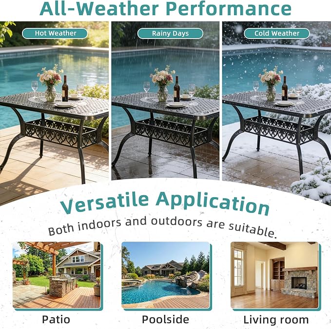MEETWARM 60"x36" Cast Aluminum Patio Dining Table, Weather-Resistant Outdoor Dining Table for 6-8 Person, Patio Furniture Rectangular Table with Umbrella Hole and Adjustable Foot Pads, Dark Bronze