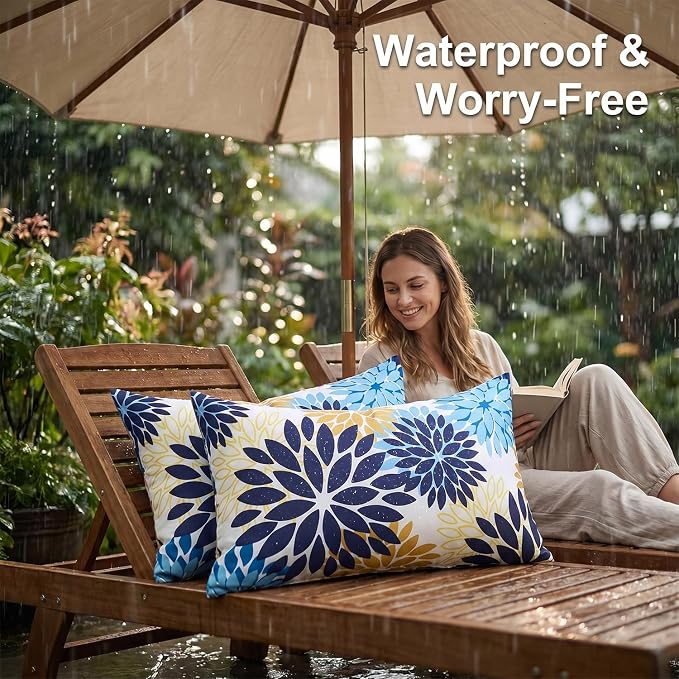 Dahlia Throw Pillow Covers 12x20 Inch Set of 2 Outdoor Pillows Waterproof Cushion Covers Decorative Pillowcases Blue and Yellow Square for Living Room Patio Garden Funiture