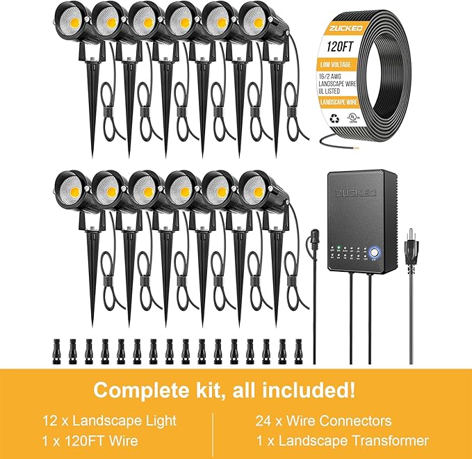 ZUCKEO All-in-One Low Voltage Landscape Lighting Kit, 5W LED Landscape Lights with Transformer, 120FT Wire and Connectors, Waterproof Outdoor Spotlight for Yard Garden House, 3000K 12V-24V, 12Pack