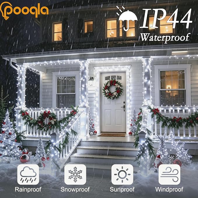 200 LED Cool White Christmas Lights Outdoor String Lights, 66 ft | Green Wire Waterproof Twinkle Fairy Lights Plug in with Timer, 8 Modes String Lights Indoor Bedroom Classroom Decor