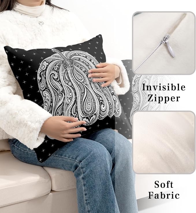 Pumpkin Pillow Covers Fall Harvest Thanksgiving Throw Pillow Covers 22x22 Autumn Outdoor Pillow Cases Black and White Paisley Flower Cushion Cases for Home Sofa Couch 2 Pack