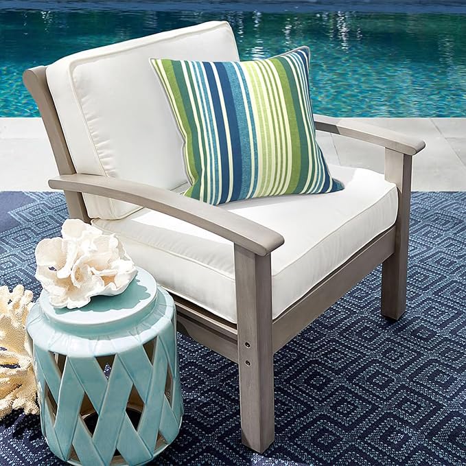 Outdoor Throw Pillow Covers Pack of 2, Decorative Water Repellent Square Pillow Cases with Piping 18x18 Inch, Stripe Blue Green