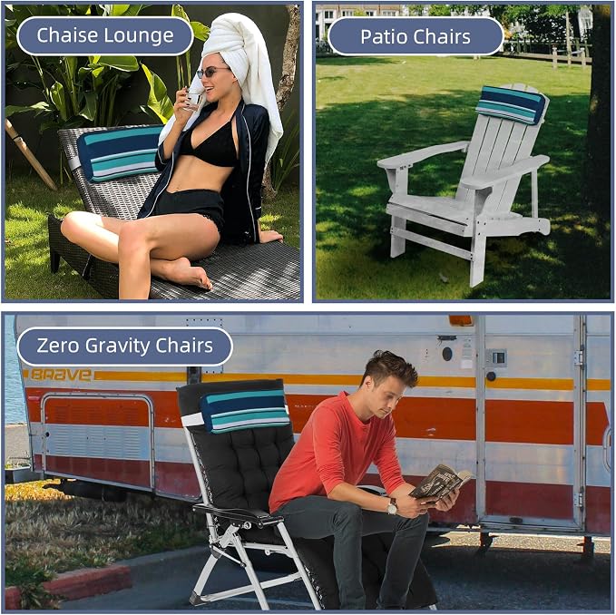 Outdoor Pillow for Chaise Lounge Chair, 4 Pack Chaise Lounge Pillows Water Resistant Head Support Pillow with Adjustable Strap for Patio Garden Pool Beach Chairs, Blue Stripes