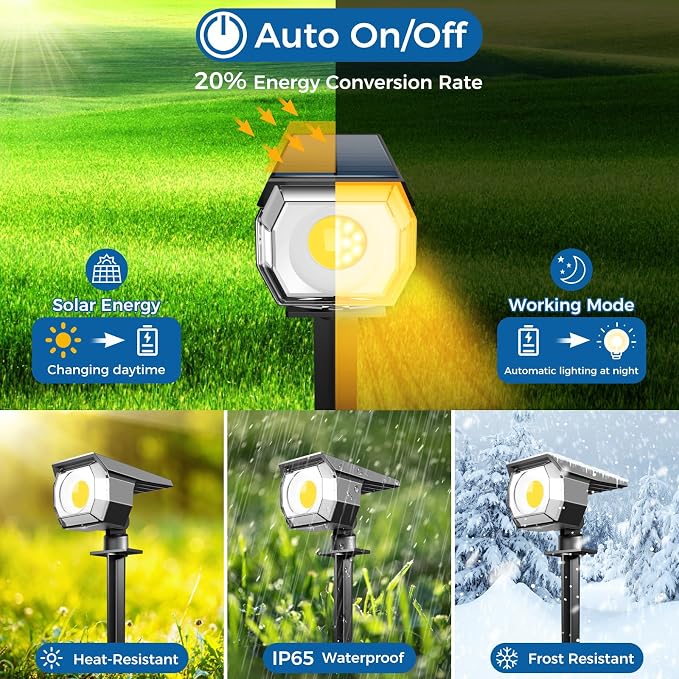 12 Pack Solar Spot Lights Outdoor Waterproof, Landscape Spotlights | Warm White, Solar Powered, Auto On/Off, Lighting for Outside Pathway Yard Lawn Flag Garden Walkway Pathway