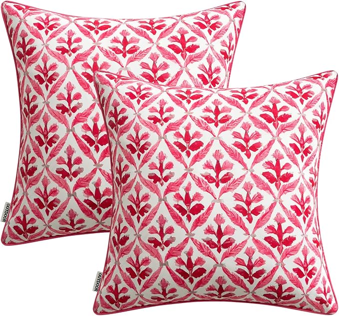 MIULEE Outdoor Floral Pillow Covers Waterproof 18x18 Hot Pink | Decorative Block Print,Boho Farmhouse, Set of 2 Coastal Summer Cushion Covers with Piping,Garden Patio Furniture Porch Couch