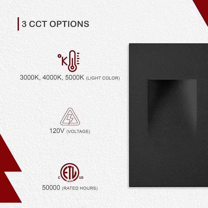 Ciata LED Stair Lights - 3 CCT Options (3000K/4000K/5000K) | 3 Watt Step Lights for Indoor and Outdoor Stairs | Ideal for Home Theater and Outdoor Stairway Lighting | Black Finish, Vertical - 3 Pack
