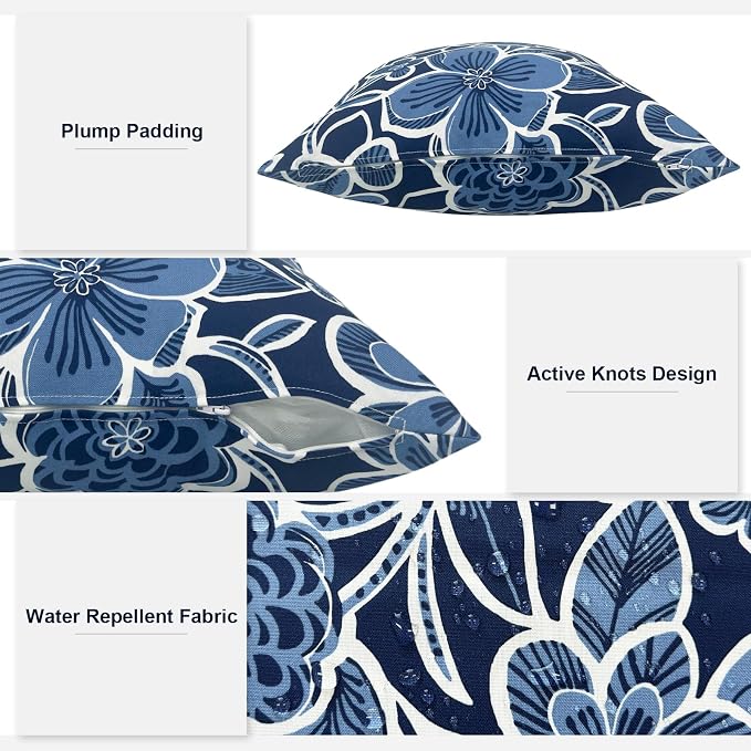 Outdoor Lumbar Pillows, Water Repellent Cushion Pillows 12x20 Inch, Outdoor Pillows with Inserts for Home Garden, Pack of 2, Flower Navy