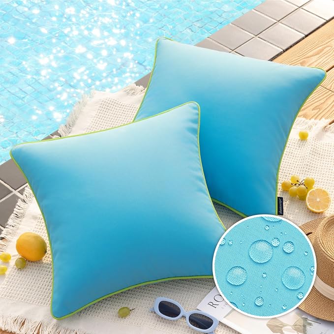 Phantoscope Pack of 2 Outdoor Waterproof Throw Pillow Covers with Contrast Piping, Decorative Square Cushion Case Patio Pillows for Couch Tent, Sky Blue 20x20 inches