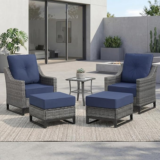 5 Piece Patio Furniture Set, Grey Wicker Outdoor Conversation Set with 2 Wicker Chairs, Side Table and 2 Ottomans, 6-Inch Thick Cushions, Blue Olefin Covers for Patio and Porch
