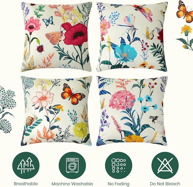 Premillow Outdoor Pillow Covers, Waterproof Pillow Covers, 18x18, Set of 4 | Decorative Waterproof Pillow Covers, Solid Linen Pillowcase,Summer Farmhouse Cushion Case for Patio Garden Balcony Couch Sofa