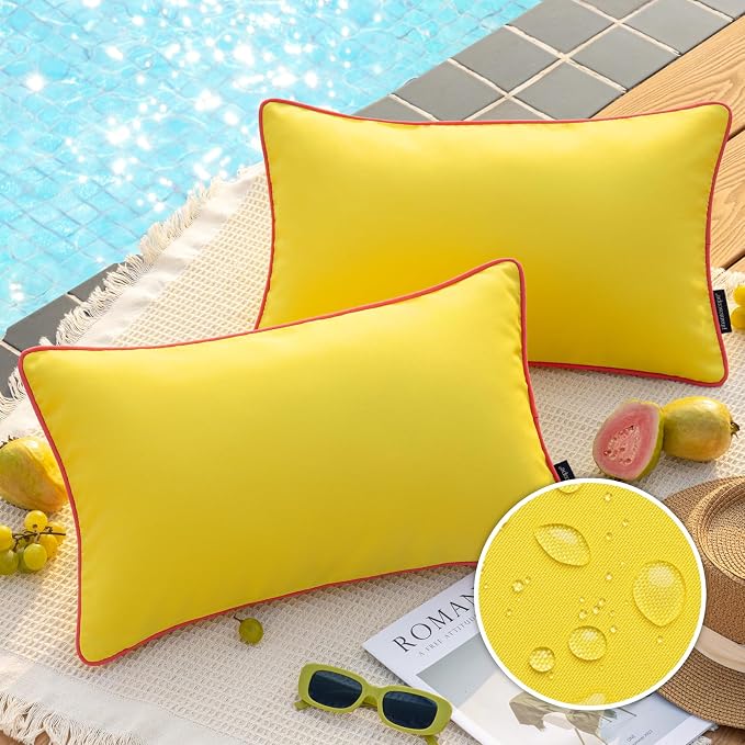 Phantoscope Pack of 2 Outdoor Waterproof Throw Pillow Covers with Contrast Piping, Decorative Square Cushion Case Patio Pillows for Couch Tent, Lemon Yellow 12x20 inches