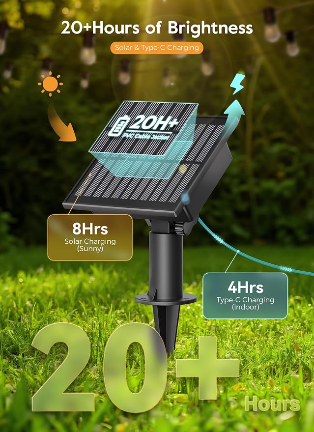 Minetom 58FT Solar String Lights Outdoor Waterproof, S14 Patio Lights | 17 LED Shatterproof Bulb, Remote Type-C Port Timable, 3 Light Modes Dimmable Solar String Lights for Outside, Yard, Camping