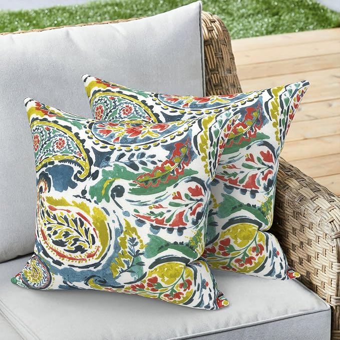 Outdoor 16x16 Inch Throw Pillow Covers Set of 2, Covers ONLY, All Weather Square Pillow Cases, Patio Cushion Pillow of Home Furniture Use, Paradise Paisley