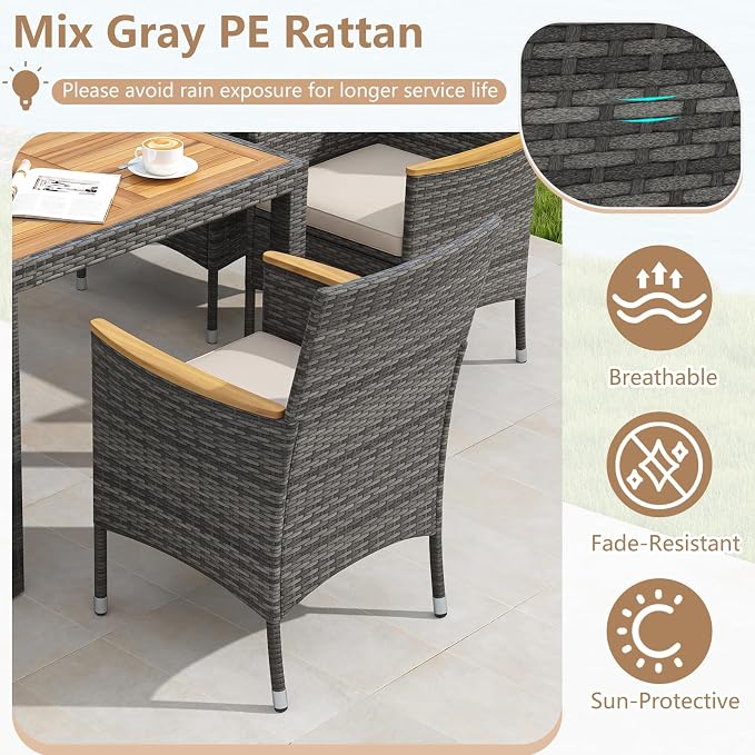 HAPPYGRILL 9 Pieces Patio Dining Set for 8, Outdoor Acacia Wood Table and Rattan Chairs with 2" Umbrella Hole, Cushions, Wicker Outdoor Dining Furniture Set for Backyard, Garden, Deck