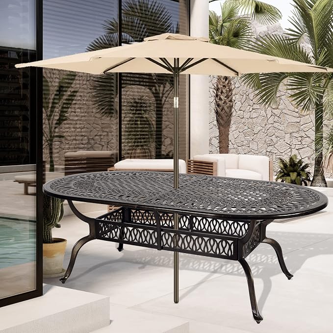 VIVIJASON Large Patio Dining Table, Outdoor Oval Dining Table Fits for 6-8 Person, Bronze Cast Aluminum Rustic Patio Table with Umbrella Hole for Balcony, Porch and Deck
