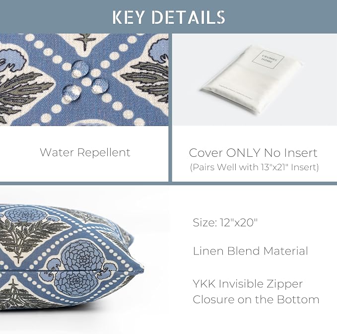 California Casual Coastal Indoor Outdoor Lumbar Pillow Cover, 12"x20" Water Repellent for Patio, Backyard, Couch, Azure Light Blue Block Print Vintage Hydrangea Flowers