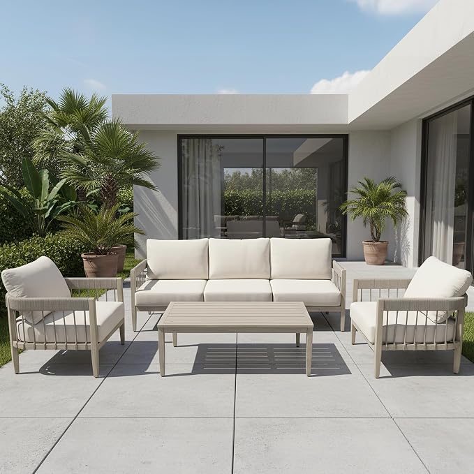 2-Piece Outdoor Sofa Set, Never-Rust Aluminum Patio Armchairs with Hand-Woven Rope & Thick Cushions, Faux Wood Grain Finish Balcony Outdoor Sofa Chairs for Garden, Deck, Porch
