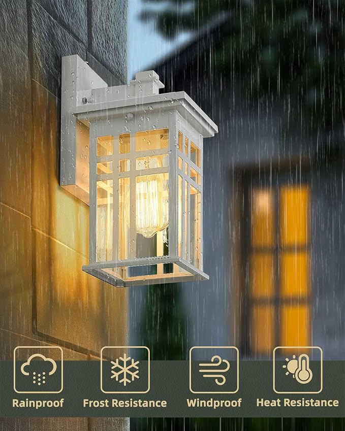 Dusk to Dawn Sensor Outdoor Wall Sconce - HWH Exterior Wall Lantern Light Fixture for Porch, Garage, Doorway, Garden, Glossy White Finish, 5HD27B-PC WH