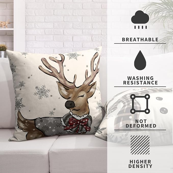 Christmas Outdoor Pillow Covers 16x16 Set of 2 Brown Snowman Reindeer with Snowflakes Throw Pillow Covers Decorative Cotton Linen Cushion Case for Home Decor Couch Living Room