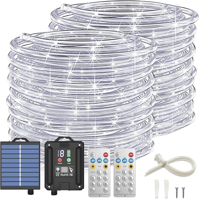 ICRGB Solar Rope Lights Outdoor, 132FT 400 LED (Cool White- 2Pack) | Type C & Solar, With Remote, IP67 Waterproof, 8 Modes, for Outdoor Patio Porch Tree Wedding Christmas Pool Garden Decorative