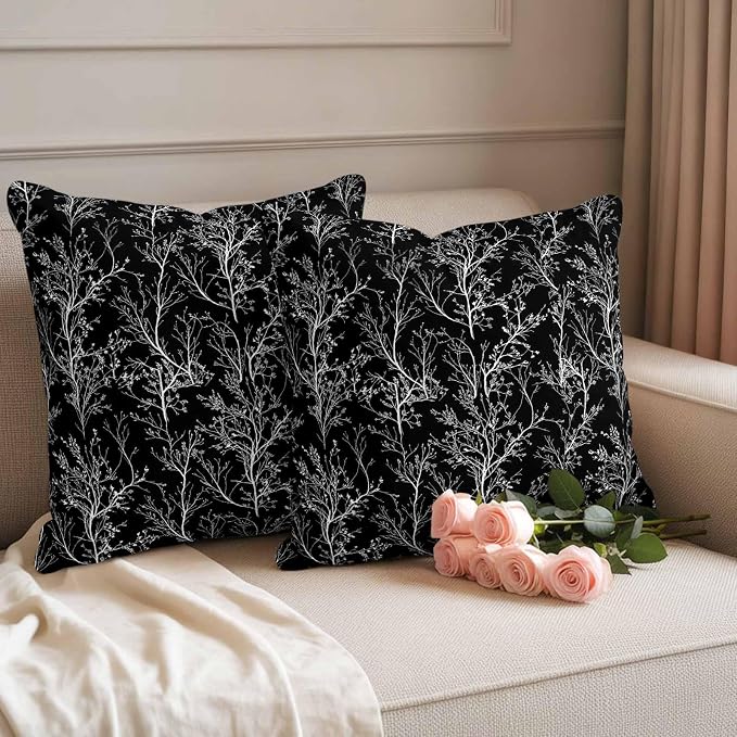 Black Branches Waterproof Outdoor Pillow Covers Set of 2 Home Decor, Abstract Art Leaves Plant Pillowcase Patio Pillow Covers for Couch Bench Patio Furniture Garden 18x18in