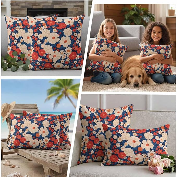 Independence Day Outdoor Waterproof Throw Pillow Covers Set of 2, 26"x26", Red White Daisy Retro 4th of July Decorative Pillow Covers Outside Cushion Case for Patio Porch Garden