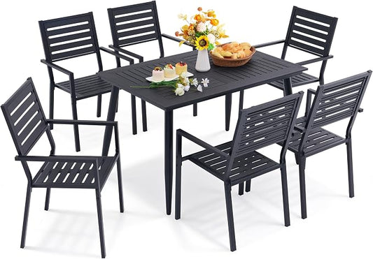7-Piece Outdoor Dining Set - All-Weather HDPE Patio Table and 6 Stackable Chairs with Rust-Proof Steel Frame, Space-Saving Patio Furniture Set for Backyard (Black)