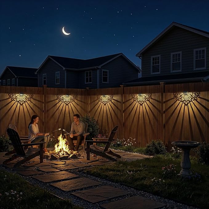 4 Pack Solar Fence Lights Outdoor Wall Lights Plastic Solar Powered Deck Step Stair Lights Mandala Theme Waterproof Fence Solar Light for Garden Post Patio Yard Decor, Gardening Gifts for Women Mom