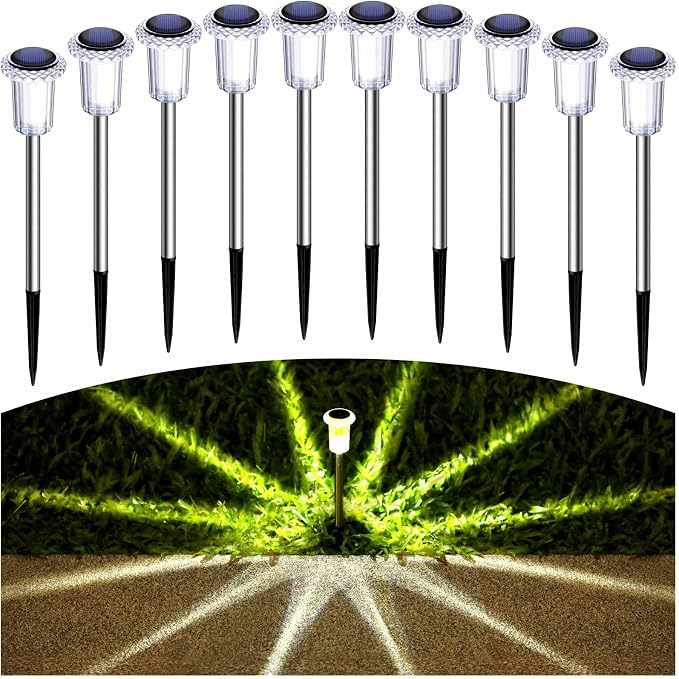 10 Pack Solar Lights Outdoor Waterproof Pathway Lights, Warm White | Stainless Steel Stake Lights for Yard Garden Walkway Driveway Sidewalk Lawn Landscape Path Outside LED Auto On/Off, Acrylic