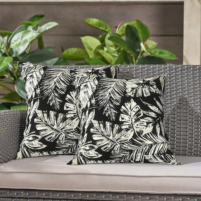 LVTXIII Outdoor Throw Pillows 16x16 Inch, Set of 2 Square Decorative Pillows with Inserts for Patio Furniture, Porch Chair, Garden Sofa, Tropical Leaf Black